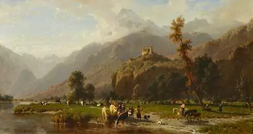 KARL GIRARDET — Mountain landscape in Ticino with deer near a river. — Koller Auktionen