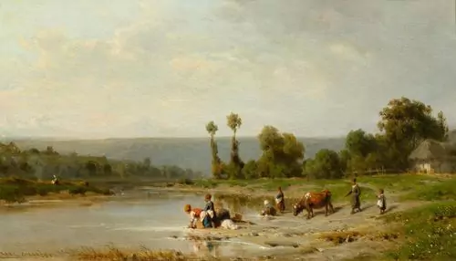 GIRARDET, KARL — Washerwomen by the Marne. — Koller Auktionen