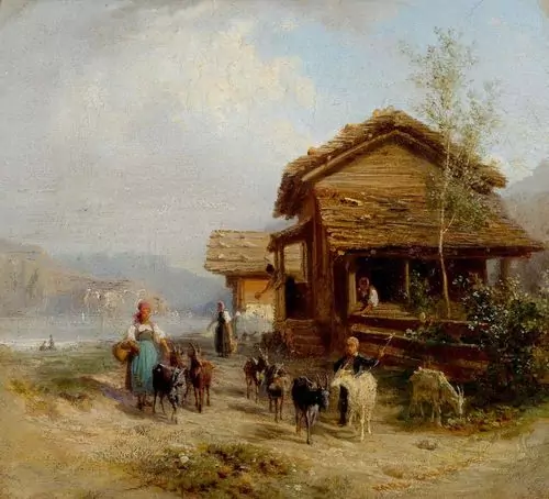 KARL GIRARDET — Landschaft mit Bäuerinnen und Ziegen vor Häusern. — Koller Auktionen