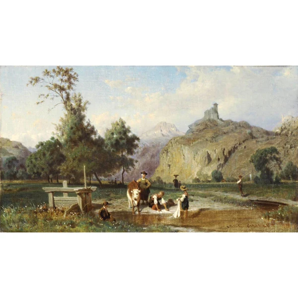 Karl Girardet — LAVANDIÈRES AU BORD D'UNE RIVIÈRE WASHER WOMEN ON A RIVERSIDE