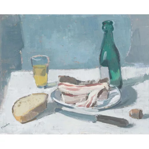 Karl Moor — Stillleben mit Speck, Brot und Wein.