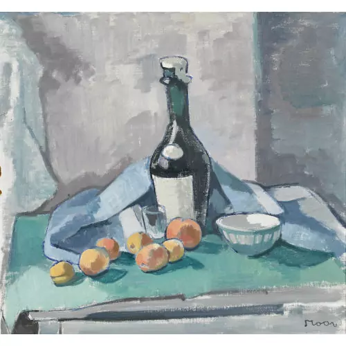 Stillleben mit Pfirsichen und Flasche