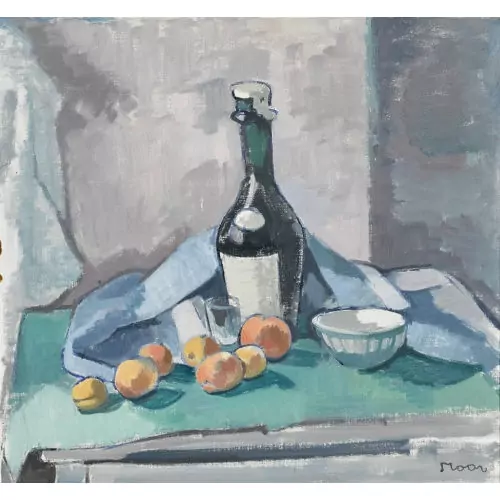 Stillleben mit Pfirsichen und Flasche