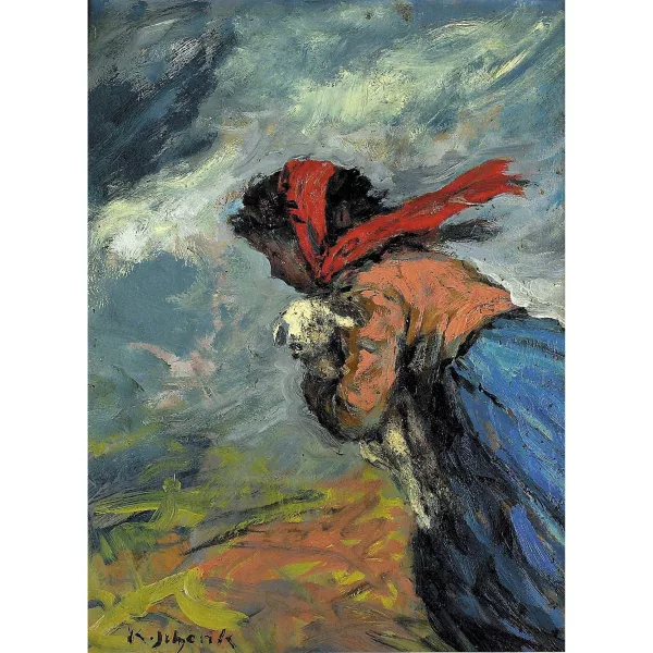 Karl Schenk — Mädchen mit Lamm in den Armen bei stürmischem Wetter.