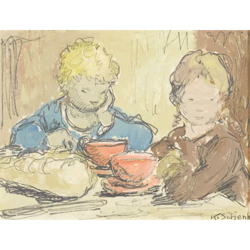 Karl Schenk — "Bub und Mädchen am Suppen-Tisch".