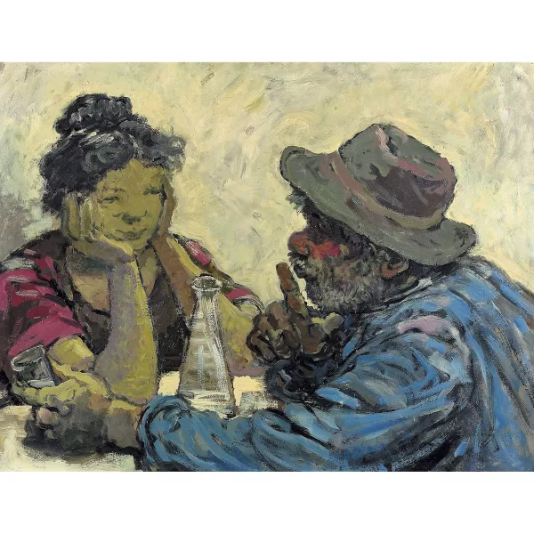 Karl Schenk — Bauernpaar im Gespräch bei einem Glas Wein.
