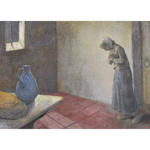 Karl Schenk — Betendes Mädchen in Interieur mit Krug und Brot.