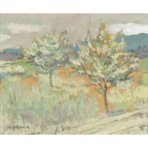 Karl Schenk — Frühlingslandschaft mit Obstbäumen.