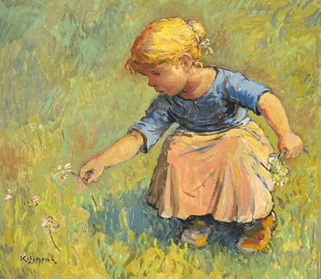 Fillette cueillant des fleurs