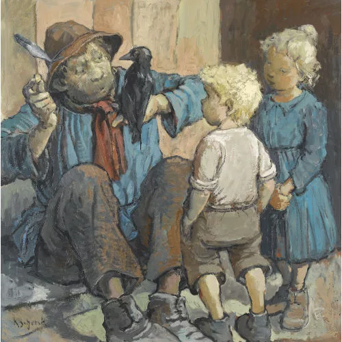 Karl Schenk — Zwei Kinder mit altem Mann und Rabe.