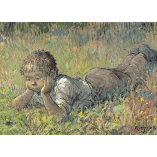 Karl Schenk — Nachdenklicher Knabe im Gras.