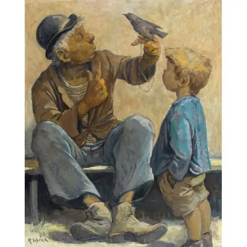 Knabe mit Clown und dressiertem Vogel