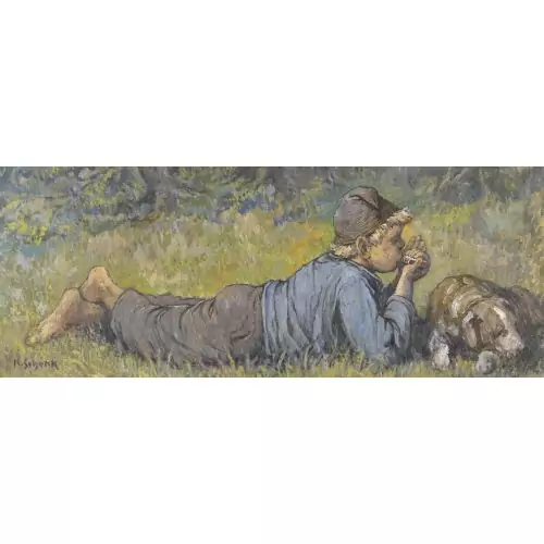 Liegender Knabe mit Mundharmonika und Hund