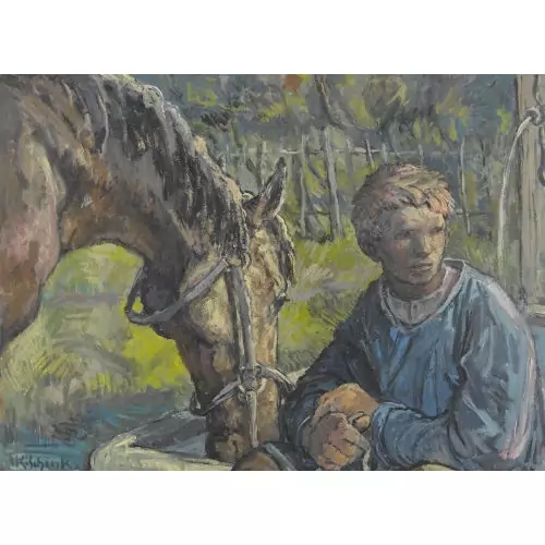Junge mit Pferd an der Tränke