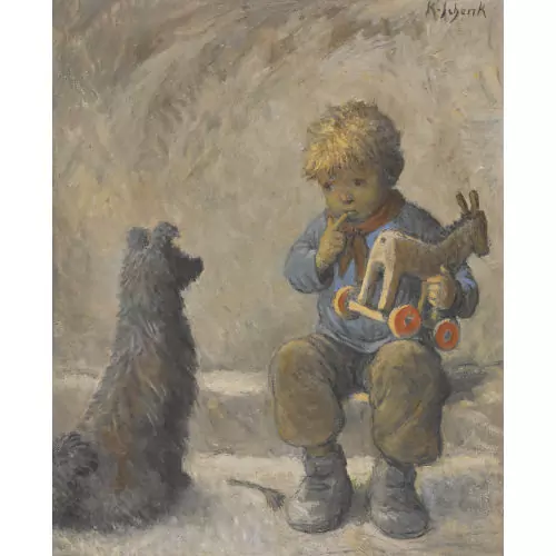 Spielender Knabe mit Holzpferd und Hund