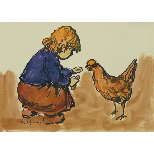 Kleines Mädchen mit einem Huhn