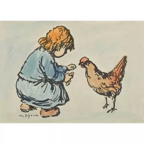 Mädchen beim Füttern eines Huhns