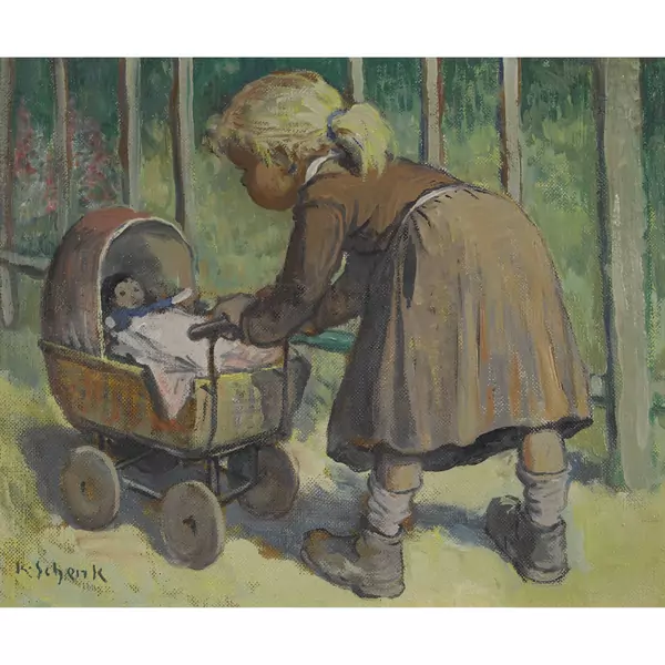 Mädchen mit Puppenwagen