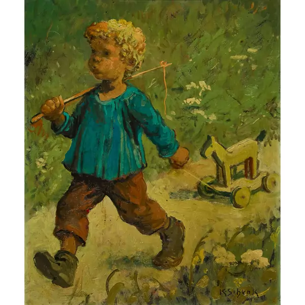 Kleiner Wandersmann mit Spielzeugpferd