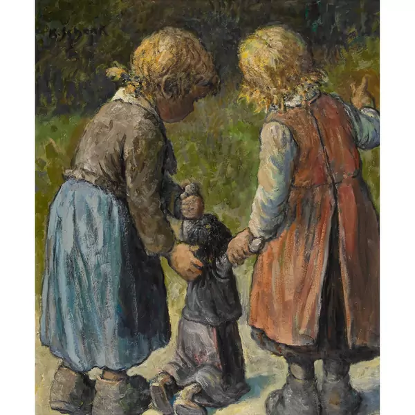 Mädchenpaar mit Puppe