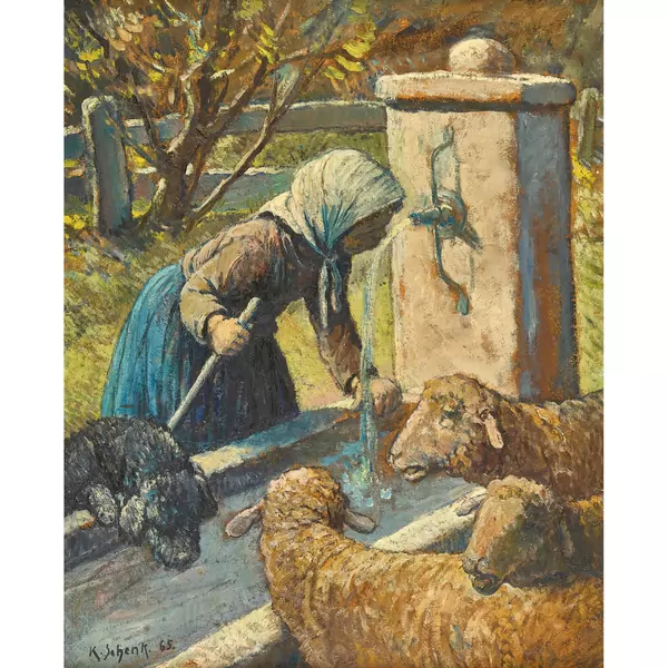 Hirtenmädchen und Schafe am Brunnen
