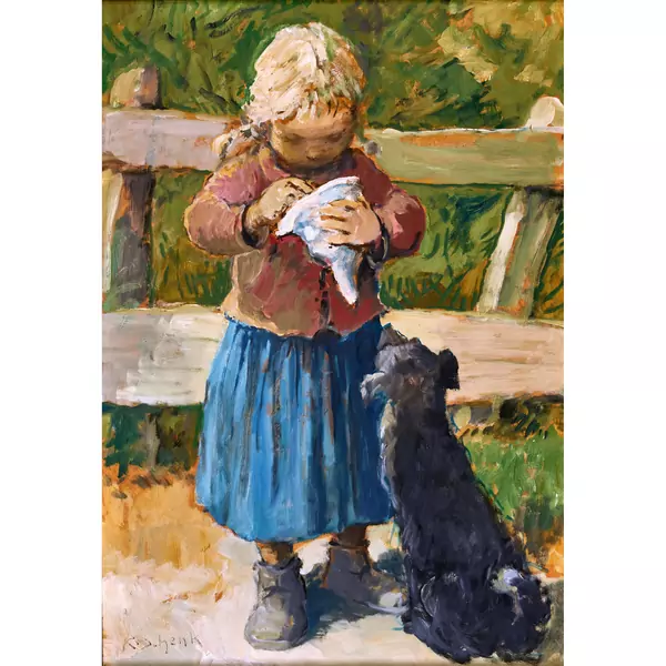 Mädchen mit Tüte und erwartungsvoll blickendem Hund