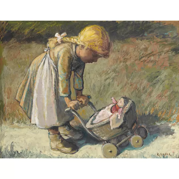 Mädchen mit Puppe im Kinderwagen