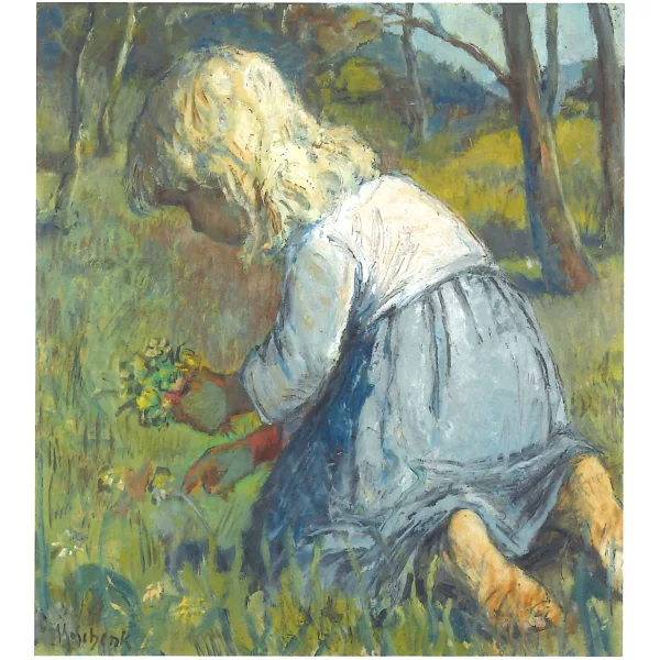 Karl Schenk — Kniendes Mädchen beim Blumenpflücken.
