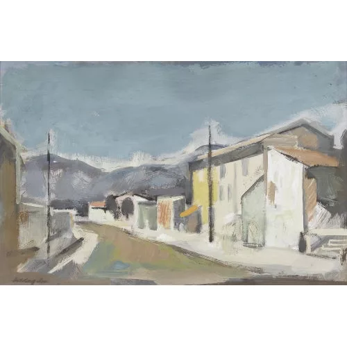 Karl Schlageter — Sommerliche Dorfstrasse unter blauem Himmel.