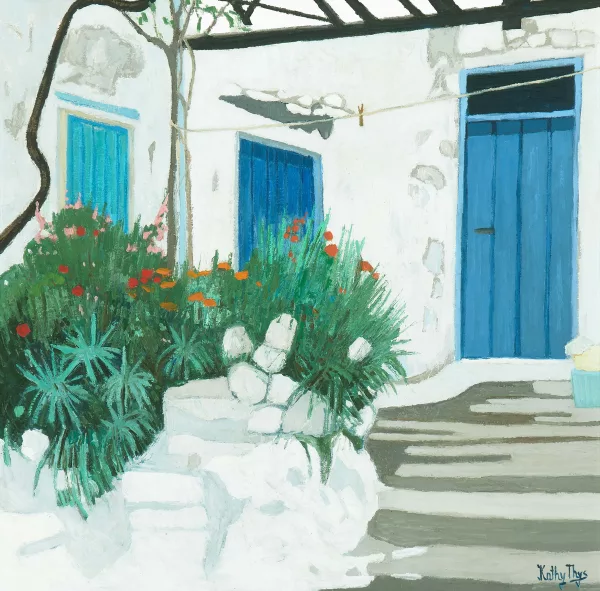 Kathy Thys — Weisses Haus mit blauen Türen
