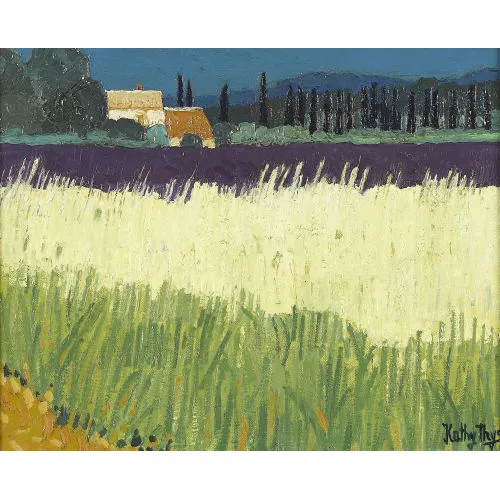 Kathy Thys — Feld mit blühendem Lavendel und Zypressen in der Provence.