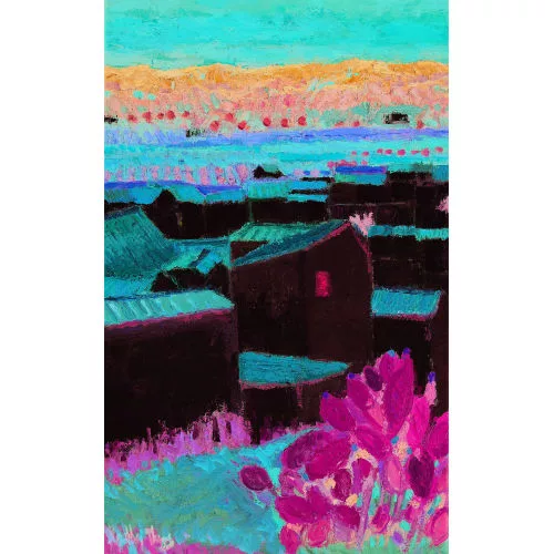Kathy Thys — Griechische Landschaft mit einer Stadt unter rotem Himmel.