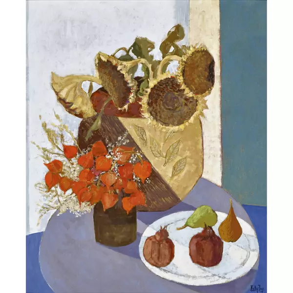 Stillleben mit Sonnenblumen, Lampionblumen und Birnen