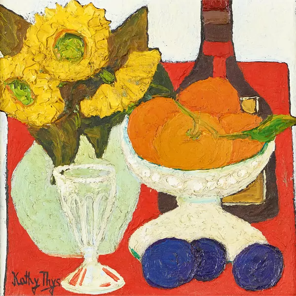 Stillleben mit Sonnenblumen, Orangen und Orangenlikör