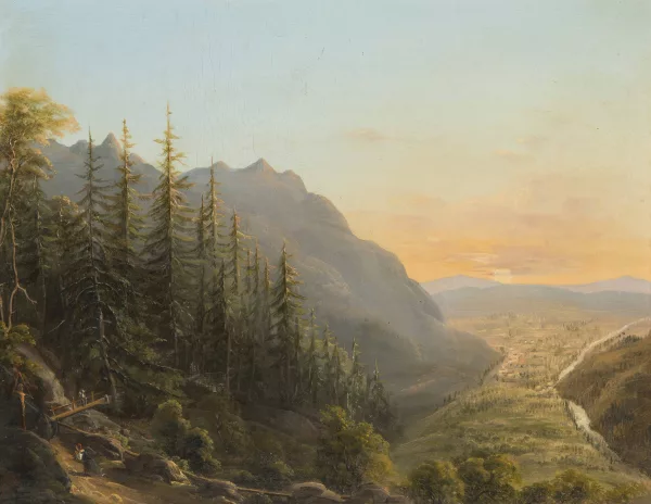Konrad Usteri-Wegmann — Blick von einer Anhöhe in ein Gebirgstal, gegen Sonnenaufgang, 1858