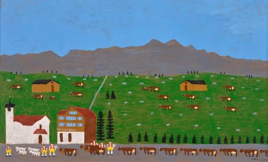 Konrad Zülle — Alpfahrt vor Kirche und Gasthaus Bären, 1987