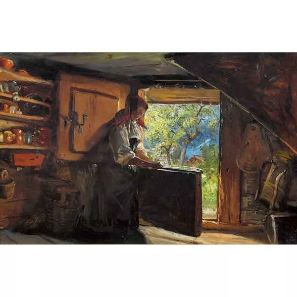 Interieur mit Bäuerin