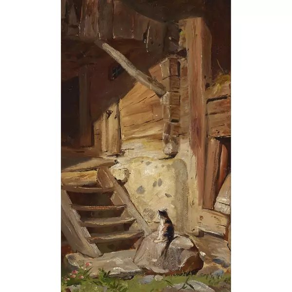 Katze an der Holztreppe
