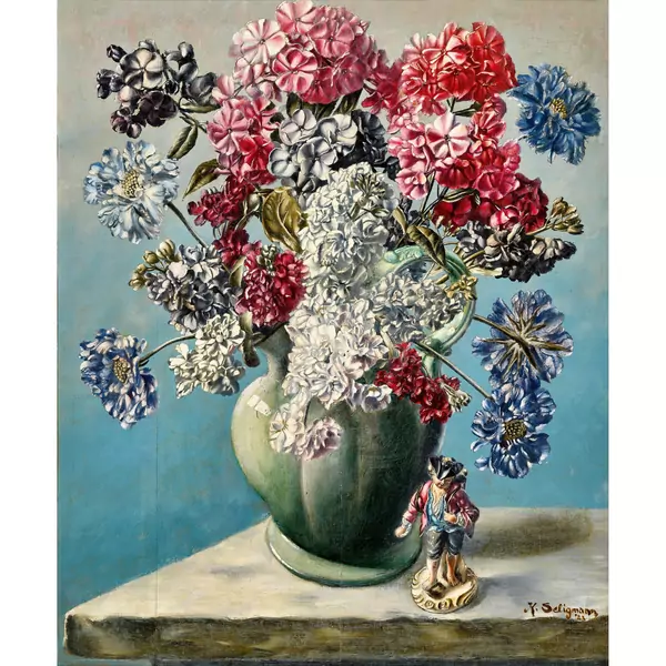 "Blumenstillleben mit Porzellanfigur"