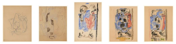 Le Corbusier — 5 Zeichnungen zum Gemälde "Composition avec cafetière et silex", 1929: Dessin n°1: Nature morte avec cafetière, théière, carafe et verre; Dessin n°2: Nature morte avec cafetières, carafe et verre; Dessin n°3: Nature morte avec cafetière, carafe et silex; Dessin n°4: Nature morte avec cafetières, carafe, verre, silex et coquillage; Dessin n°5: Nature morte avec cafetières, carafe, verre, silex et coquillage
