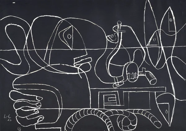 Le Corbusier — Figure, carafes, verre, pipe, poissons et cordage, 1962