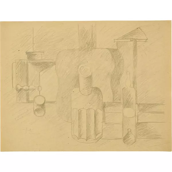Le Corbusier — Nature morte à la guitare verticale, lanterne, bouteille, carafe et verre — Galerie Kornfeld