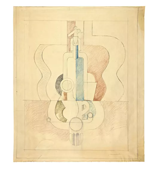 Le Corbusier — Nature morte à la guitare verticale avec siphon, bouteille, carafe, pichet, verres et pipe — Galerie Kornfeld