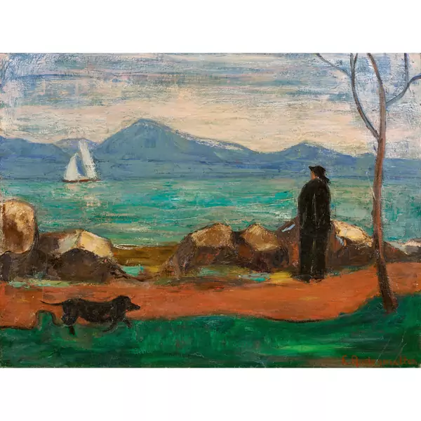 Mann mit Hund am Genferseeufer