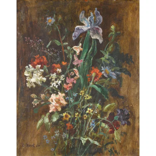 Leo Deck — Stillleben mit Feldblumen und Schwertlilie.