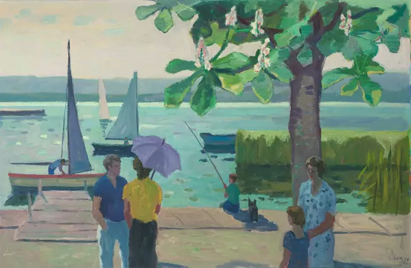 Leo Deck — Blick auf das linke Zürichseeufer vom Hafen Riesbach aus. 1958. — Schuler Auktionen