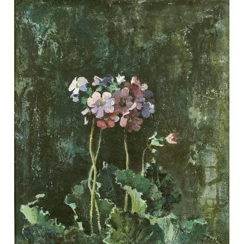 Leo Deck — Stillleben mit rosa Geranien.
