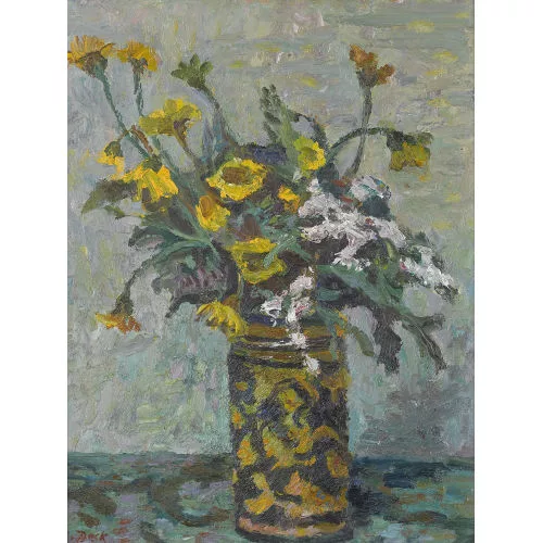 Leo Deck — Stillleben mit Frühlingsblumen in Ziervase.