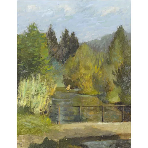 Leo Deck — Herbstliche Landschaft mit Badendem.