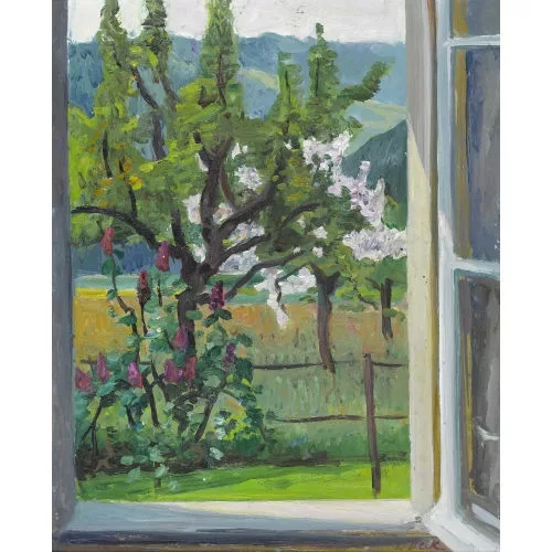 Leo Deck — Blick aus dem Fenster auf einen Frühlingsgarten.